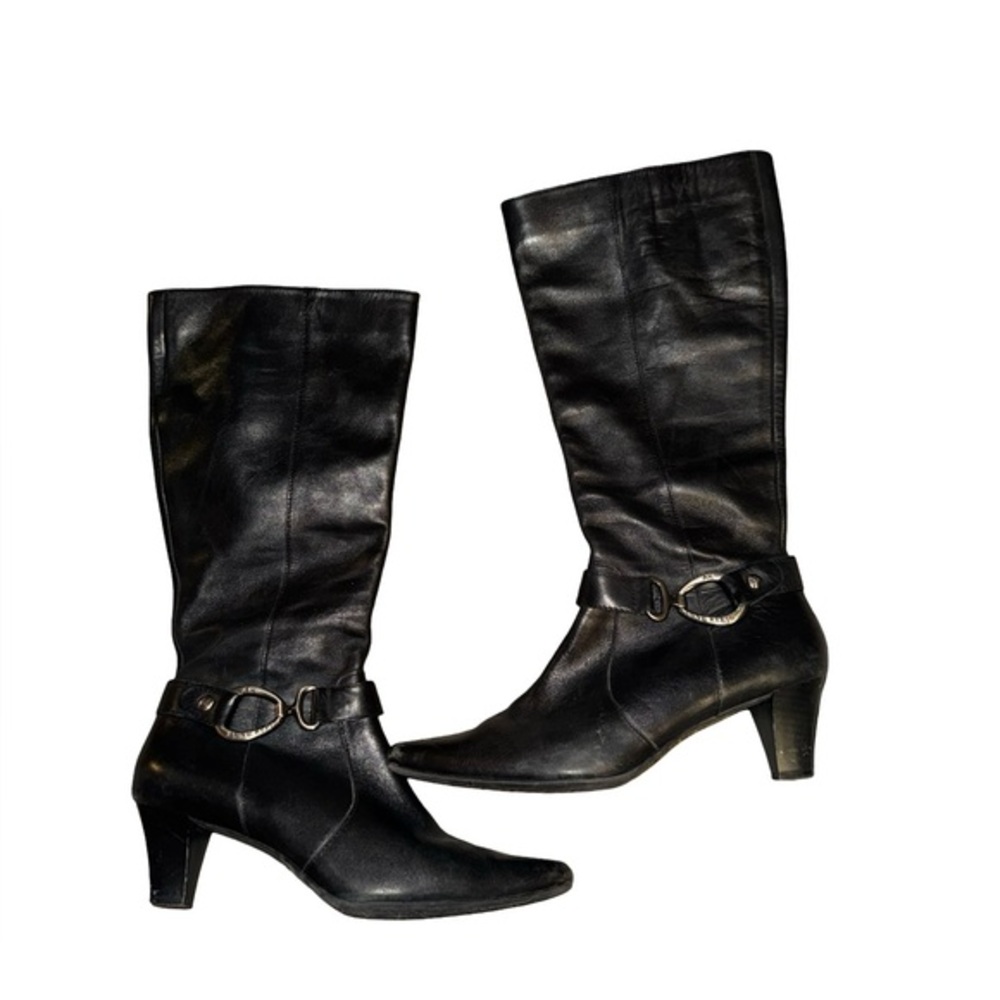 VTG AK Anne Klein iflex Tall Black Leather Boots with silver accent logo size 9M